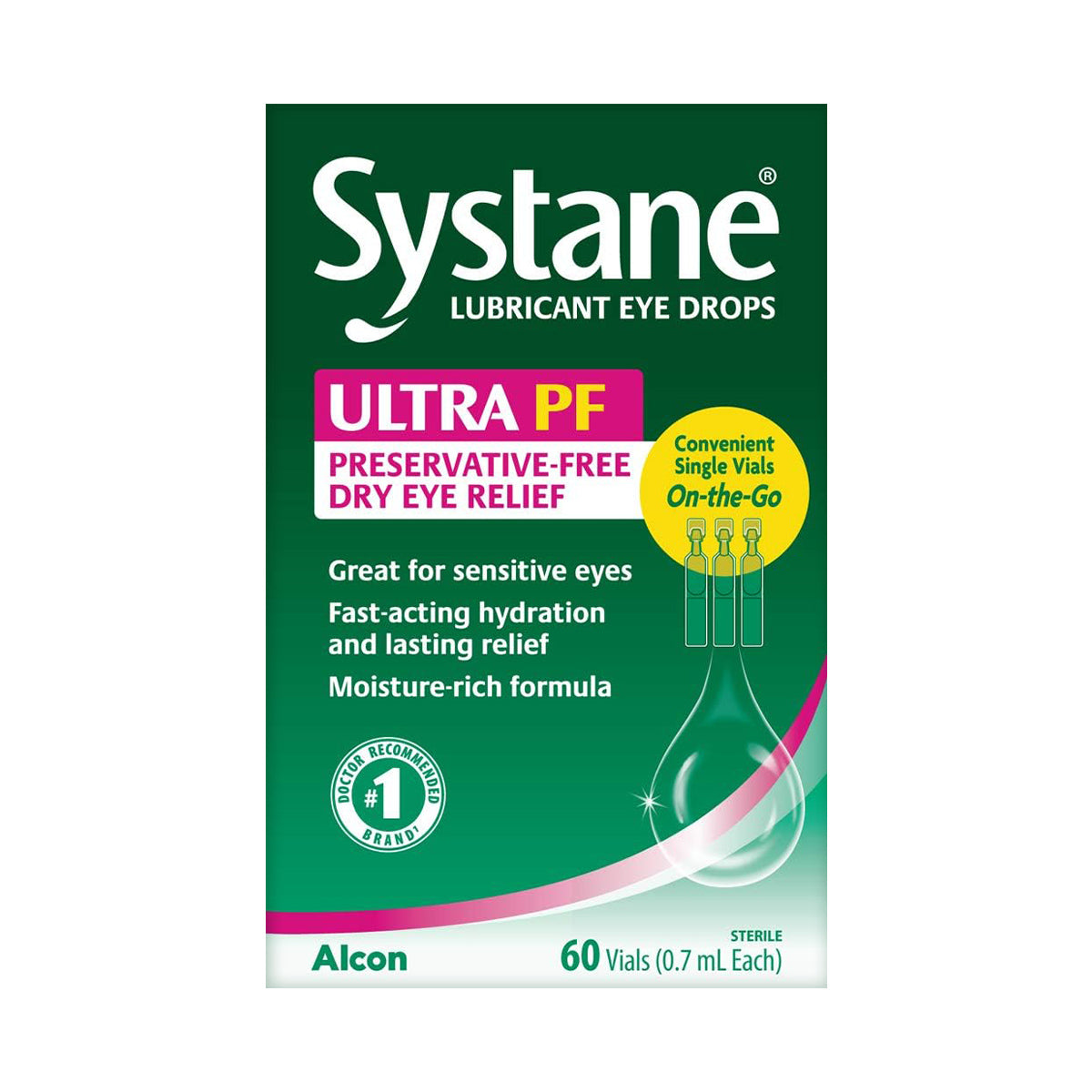 The Alcon Systane Ultra PF Preservative Free Dry Eye Drops offer convenient, preservative-free relief with 60 sterile 0.7 ml vials of artificial tears, ideal for sensitive eyes and on-the-go use.