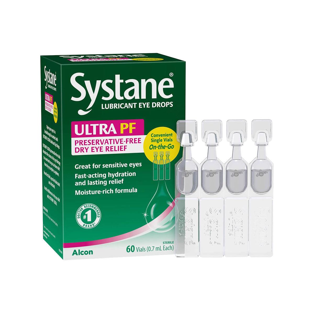 A box of Alcons Systane Ultra PF Preservative Free Dry Eye Drops (60 Vials) is shown. The green box, accented with purple and white text, features four single-use vials beside it, designed for optimal dry eye relief.