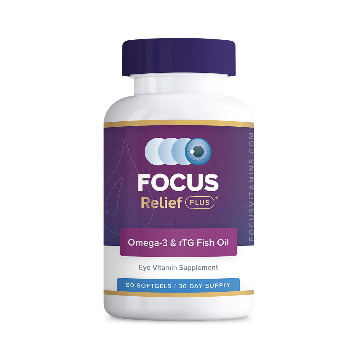 Focus Vitamins Focus Relief Plus Omega-3 Softgels provide dry eye relief with Omega-3, rTG Fish Oil, and GLA. The 90-count bottle offers a 30-day supply and features an eye icon on a purple and white label.