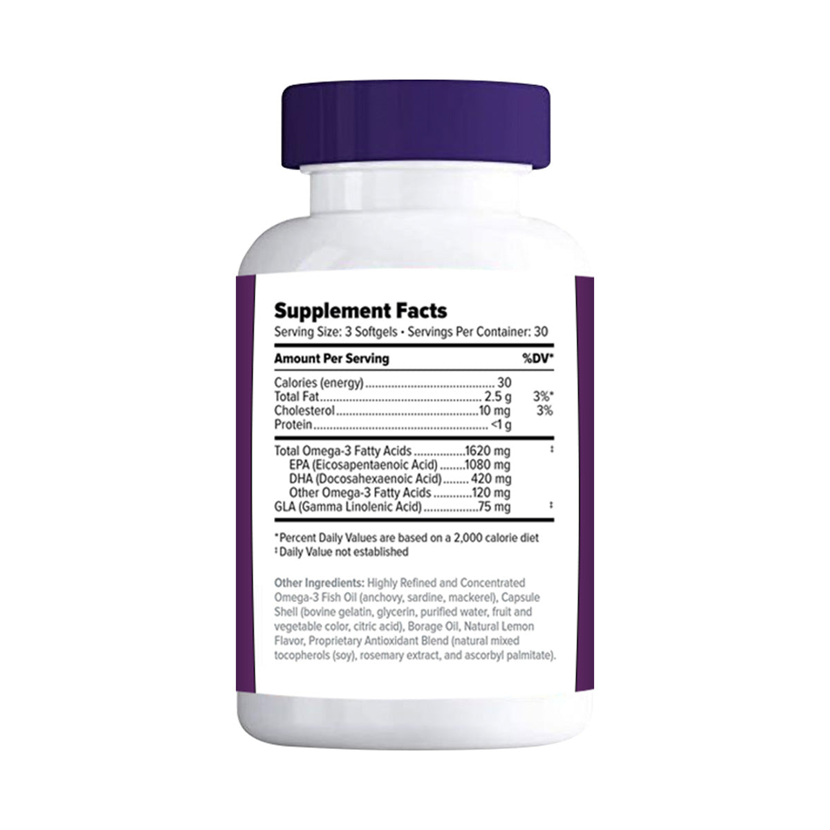 A bottle of Focus Vitamins Focus Relief Plus Omega-3 Softgels (90 ct. 30 Day Supply) with a white label and purple cap features nutritional details on calories, total fat, cholesterol, protein, omega-3s for dry eye relief, and other ingredients.