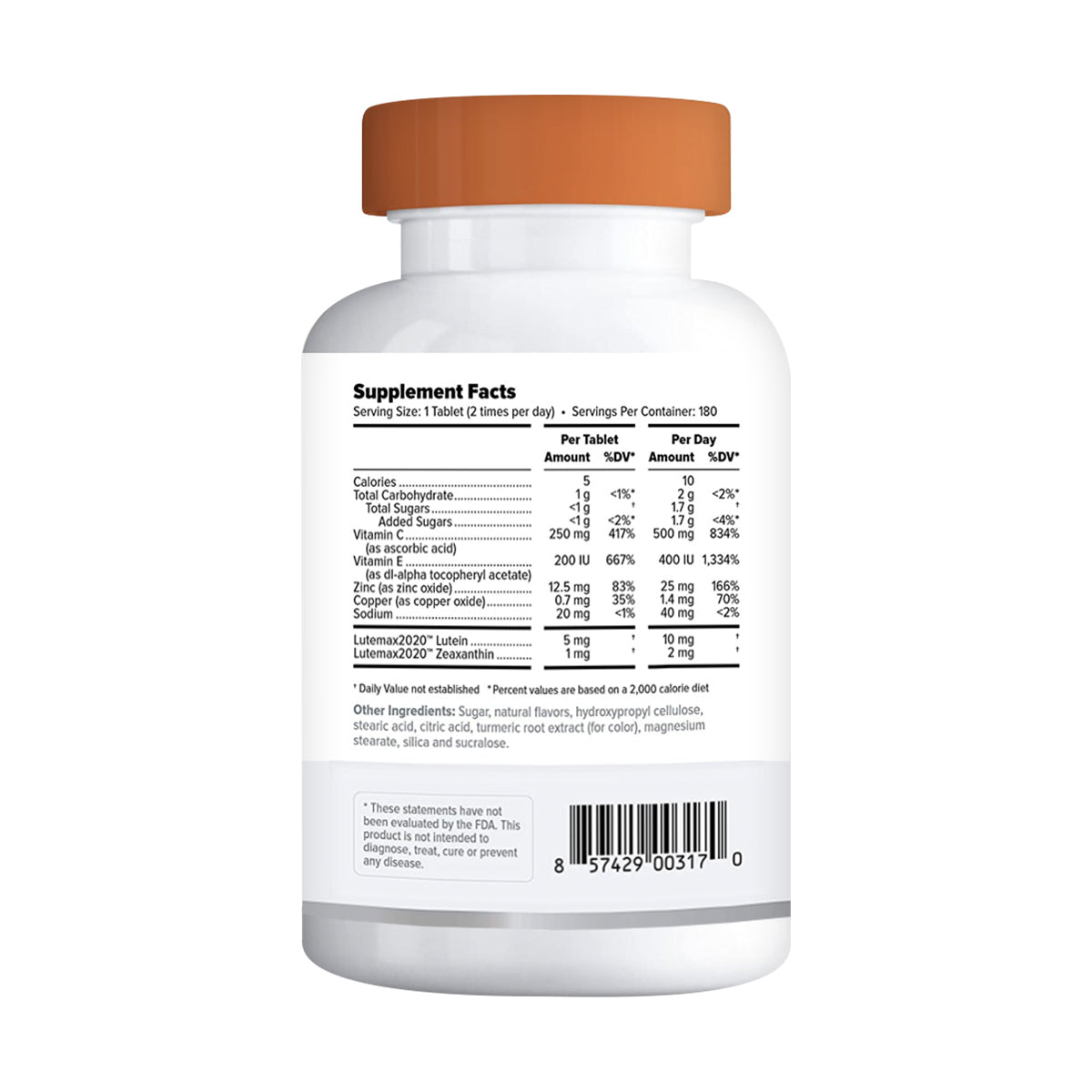 The Focus Select Citrus Chewable by Focus Vitamins is a white bottle with an orange cap and a back label showing supplement facts for eye health. Ingredients like those in AREDS2 are detailed with daily values for macular support. A barcode features at the bottom.