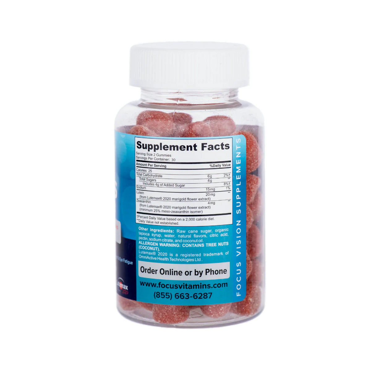 The Focus Vitamins container of Focus Blue Light Mango Flavored Gummies has a clear label featuring ingredients like lutein and zeaxanthin for eye health and blue light protection. Inside, red gummies are included, along with purchasing details.