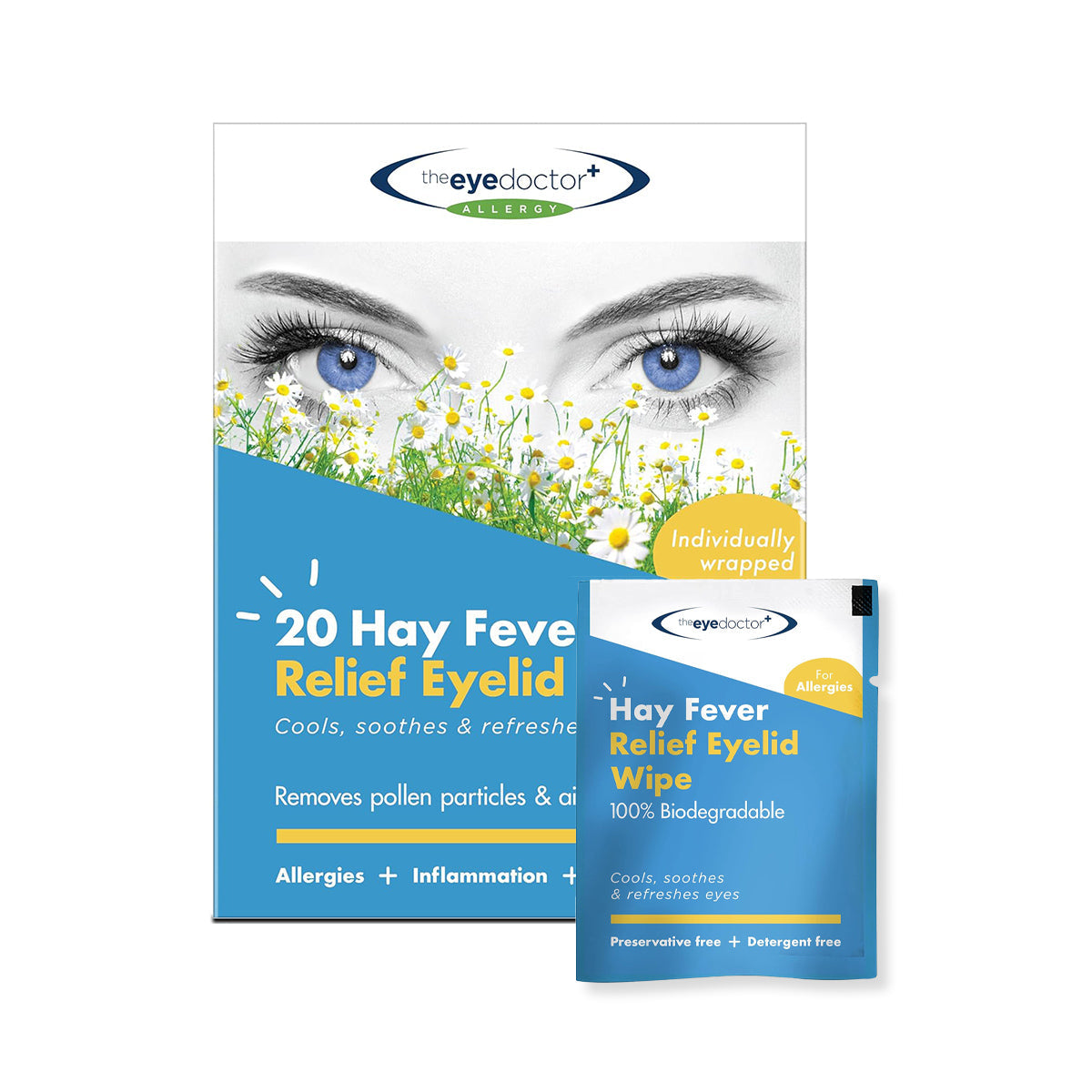 The Eye Doctor Allergy/Hay Fever Relief Eyelid Wipes packaging features blue eyes overlooking a daisy field. These biodegradable, individually wrapped wipes are preservative- and detergent-free, ideal for sensitive, allergy-prone eyes.