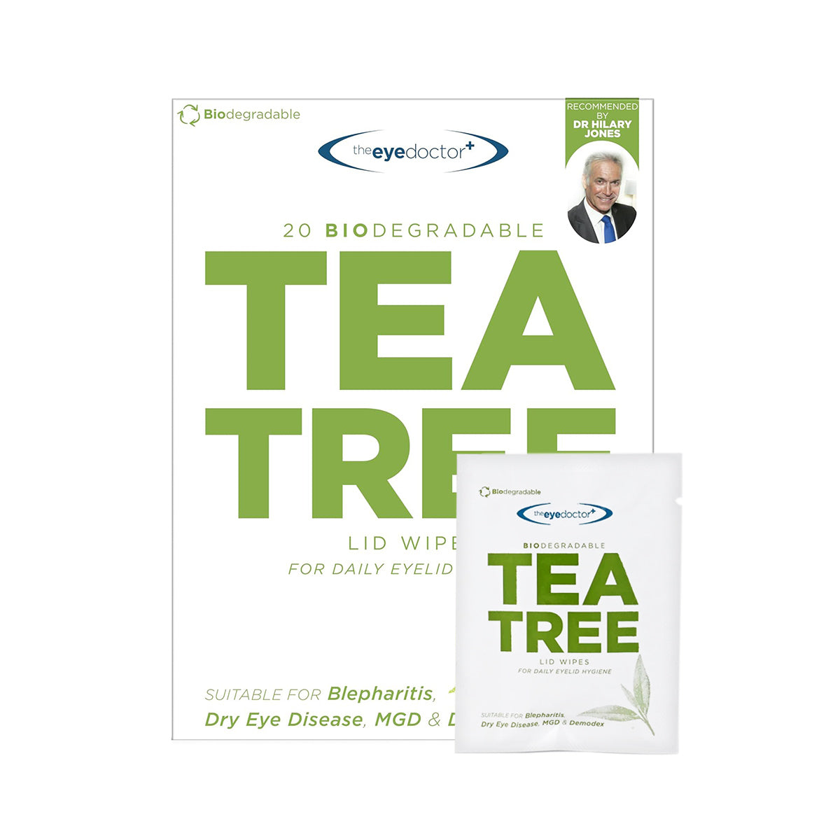 Packaging for The Eye Doctor Tea Tree Oil Lid Wipes includes a large box with details and a sachet. Recommended by Dr. Hilary Jones, theyre ideal for blepharitis, dry eyes, MGD, and demodex.