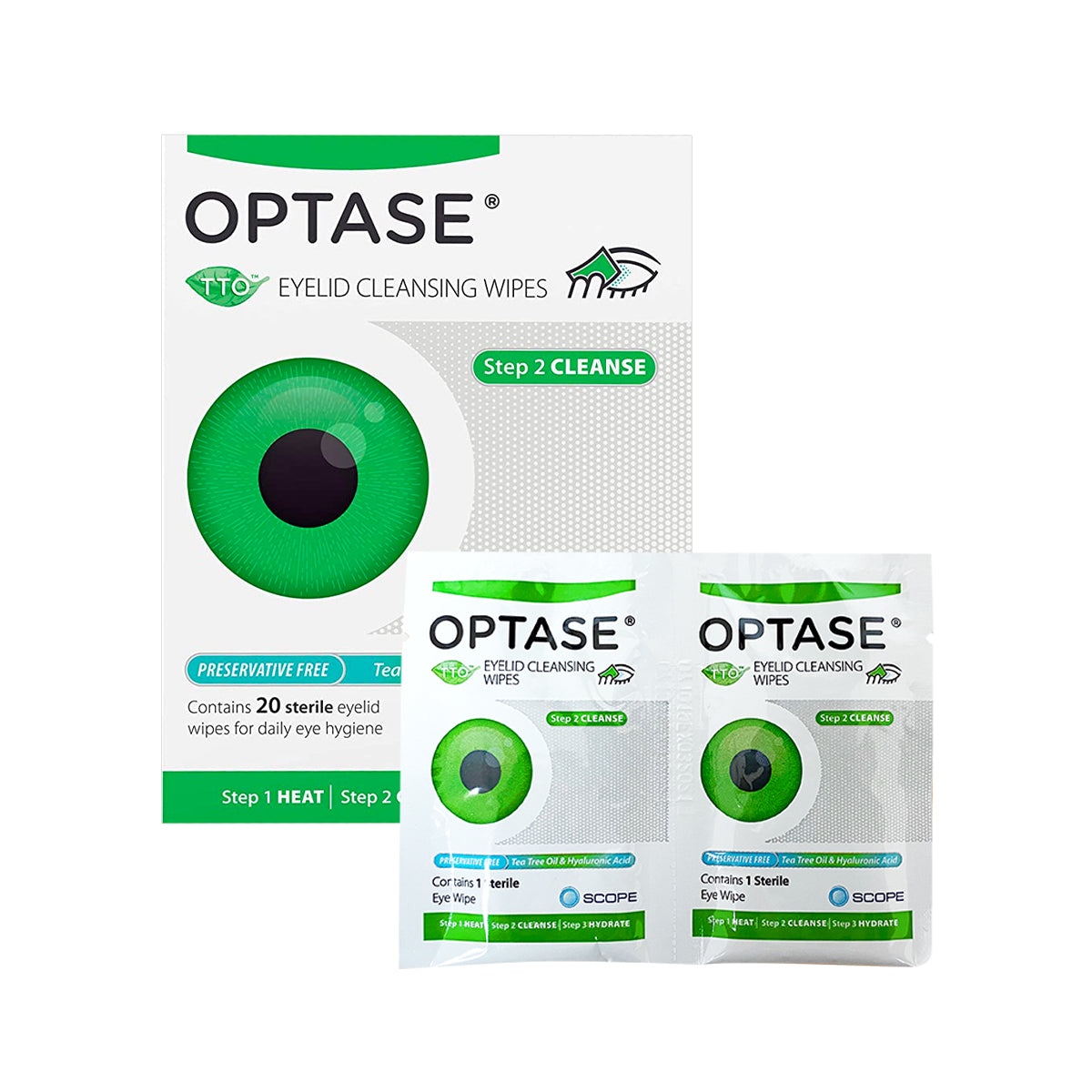 The image shows a box of Optase Tea Tree Oil Eyelid Wipes, praised for eyelid hygiene with a preservative-free formula. A green eye graphic decorates the package, while two sachets in front highlight its gentle care.