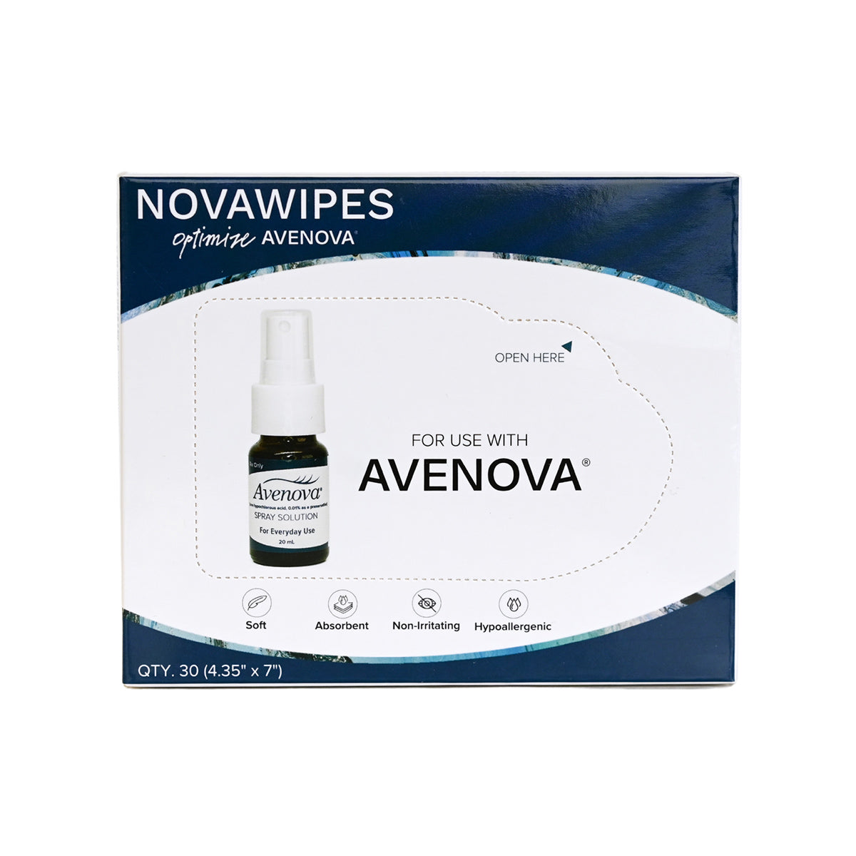 NovaBays NovaWipes pads, designed for Avenova Spray, come in a box featuring a spray bottle image and highlight their soft, absorbent, non-irritating, and hypoallergenic properties—making them ideal as an antimicrobial eyelid cleanser.