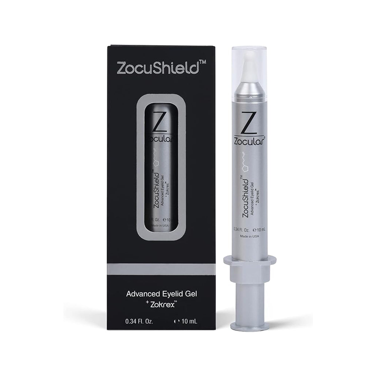 A silver tube of Zoculars ZocuShield Gel Eyelid Cleanser (100+ applications) is displayed next to its sleek black and silver packaging, with a clear window revealing the 0.34 fl. oz./10 ml container designed for effective dry eye relief through an okra-based complex.