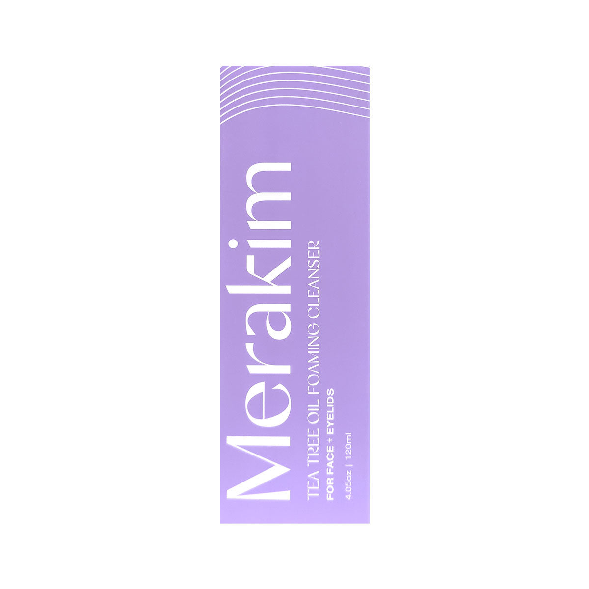 A purple rectangular box features large white Merakim lettering. Below it says, Tea Tree Oil Foam Facial Cleanser (120mL). Ideal for ocular inflammation and Dry Eye Disease, the box has wavy designs.