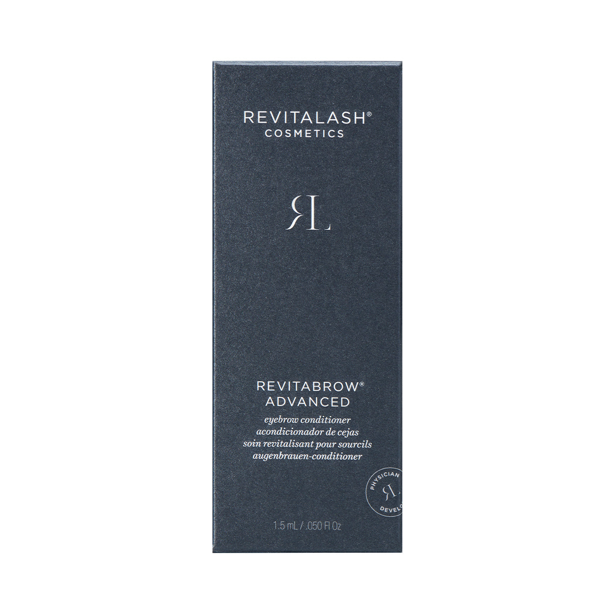 A dark blue rectangular box with a white RevitaLash and RevitaBrow Advanced text showcases the RL logo. The 1.5 ml/0.05 fl oz serum, infused with BioPeptin Complex, targets eyebrow aging.