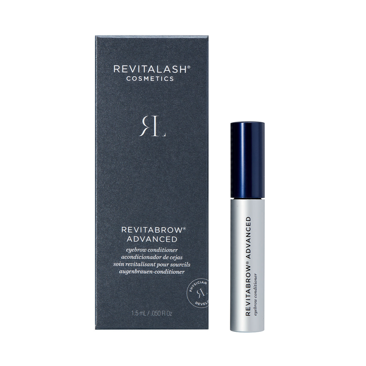 The RevitaBrow Advanced Eyebrow Conditioner Serum by RevitaLash is packaged in a sleek gray box with a blue and white tube. Infused with BioPeptin Complex, it offers detailed product info in multiple languages and combats signs of eyebrow aging.