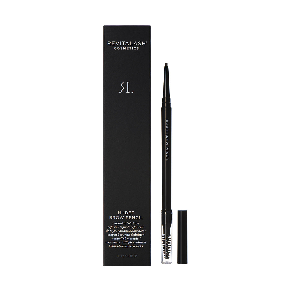 The RevitaLash Hi-Def Brow Pencil, available in 3 hypoallergenic colors, comes in sleek black packaging. It features a retractable, water-resistant pencil with a spoolie brush on one end and the pencil on the other, displayed vertically next to its box.