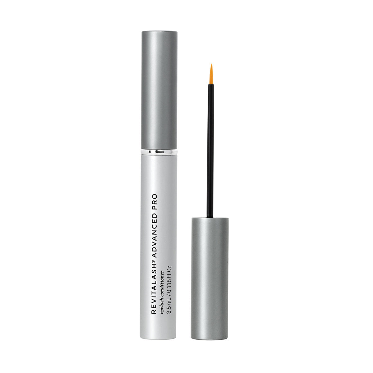 A silver tube of RevitaLash Advanced PRO Eyelash Conditioner and Enhancing Serum is open, revealing a thin applicator brush. It features a lash-enhancing formula and offers a 6-month supply with a size of 3.5mL / 0.118 fl oz.