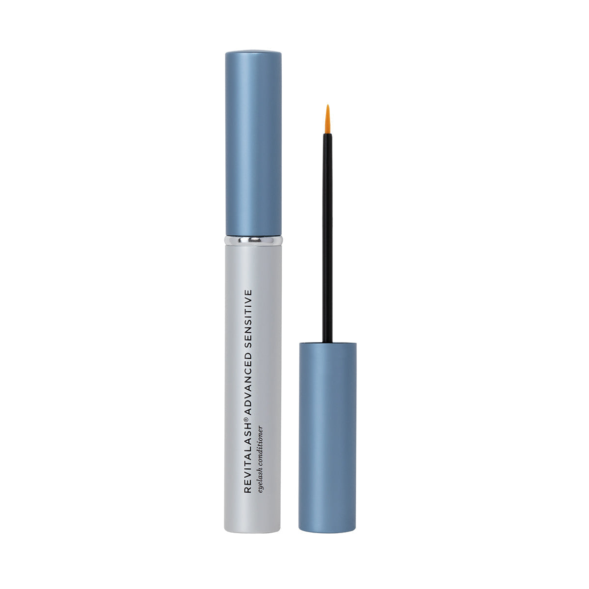 The white and blue RevitaLash Advanced Eyelash Conditioner and Enhancing Serum Sensitive (2.0mL 3 Mo.Supply) reveals a fine-tip brush applicator with cap off, enhanced by Revitasome Technology, and its name is elegantly printed on the tube.