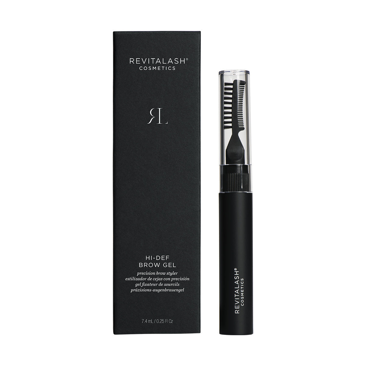 A black box of RevitaLash Hi-Def Brow Gel (3 Colors) sits beside an open tube with a precision styling brush. This eyebrow gel is in sleek packaging with minimalist branding detailing its use.