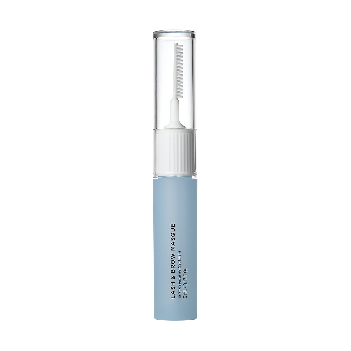 The cylindrical light blue tube of RevitaLash Lash and Brow Masque includes a white cap and built-in applicator brush visible through a transparent section. The text Lash & Brow Masque and RevitaLash promises healthy lashes and brows.