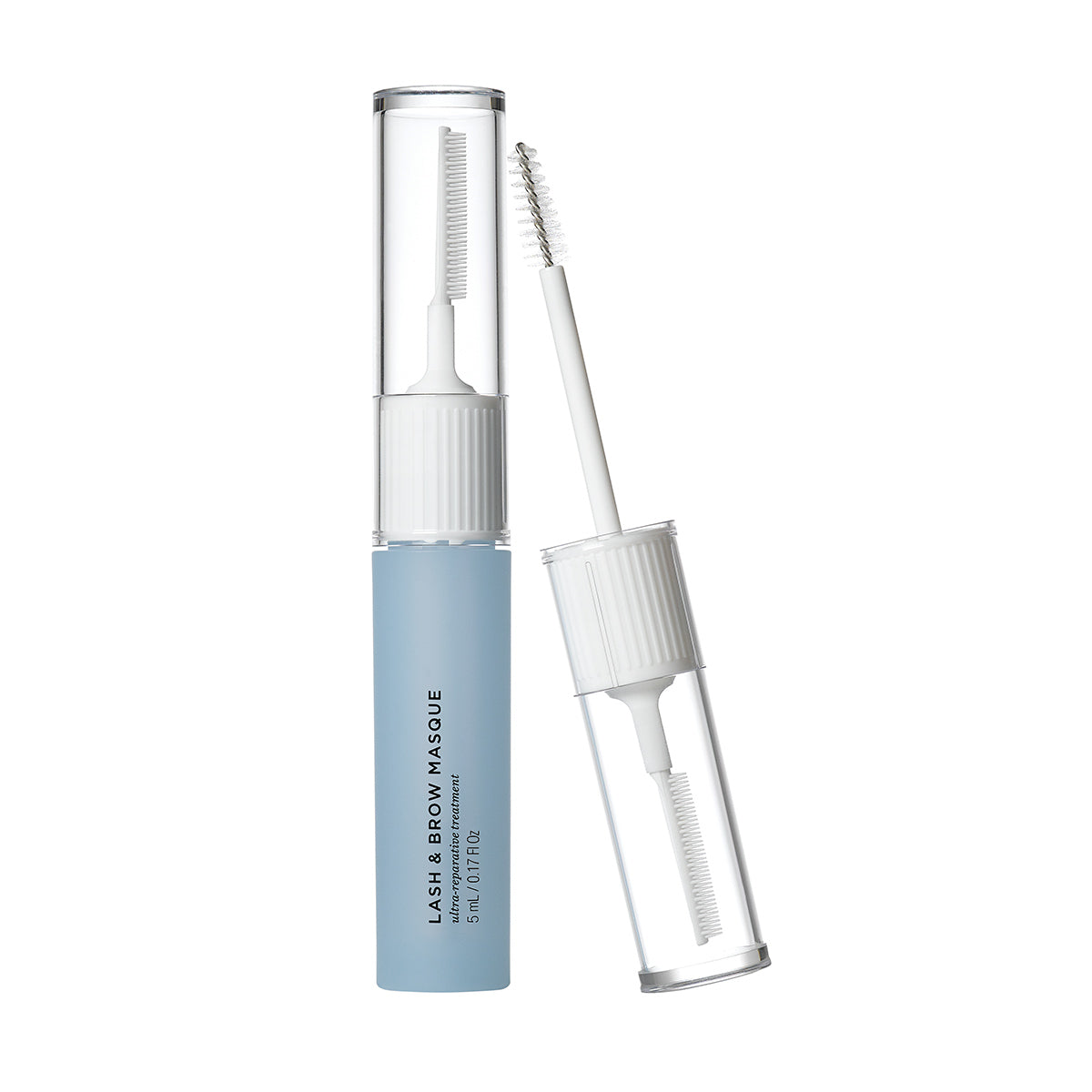 The blue RevitaLash Lash and Brow Masque tube features a clear cap with a partially removed white applicator brush, angled diagonally to highlight its detail, emphasizing care for healthy lashes and brows.