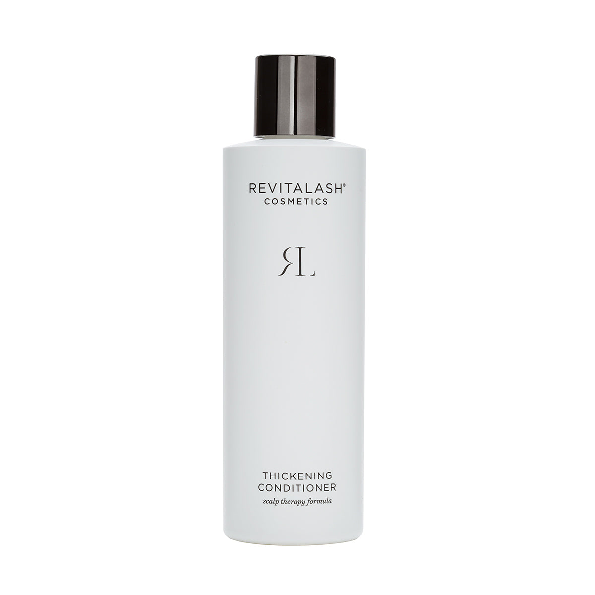 A white 250mL RevitaLash bottle with a black cap features the logo and text Thickening Conditioner Scalp Therapy Formula, highlighting its hypoallergenic properties for optimum scalp health.