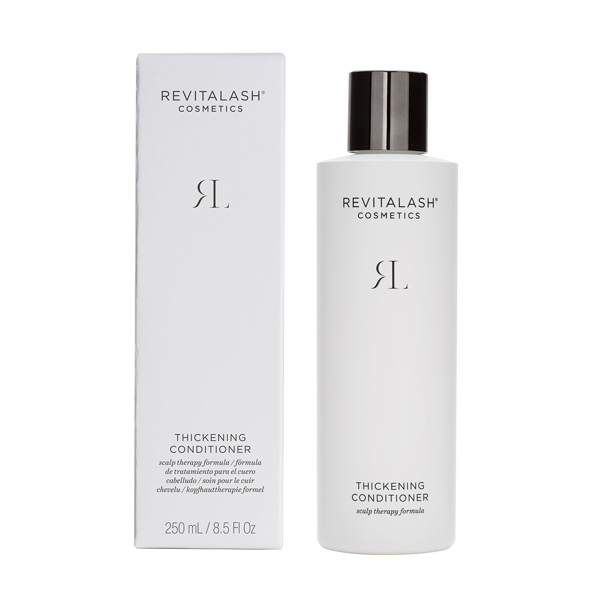 A white bottle of RevitaLash Cosmetics Thickening Conditioner Scalp Therapy Formula with a black cap stands beside its box, featuring the brand logo and detailed product information for optimum scalp health.