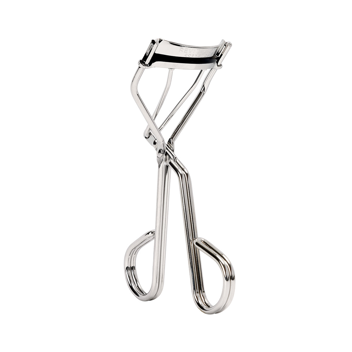 The RevitaLash Signature Eyelash Curler, crafted from durable carbon steel, features curved handles and a silicone pad for perfectly curled eyelashes. Its elegantly displayed against a plain white background.