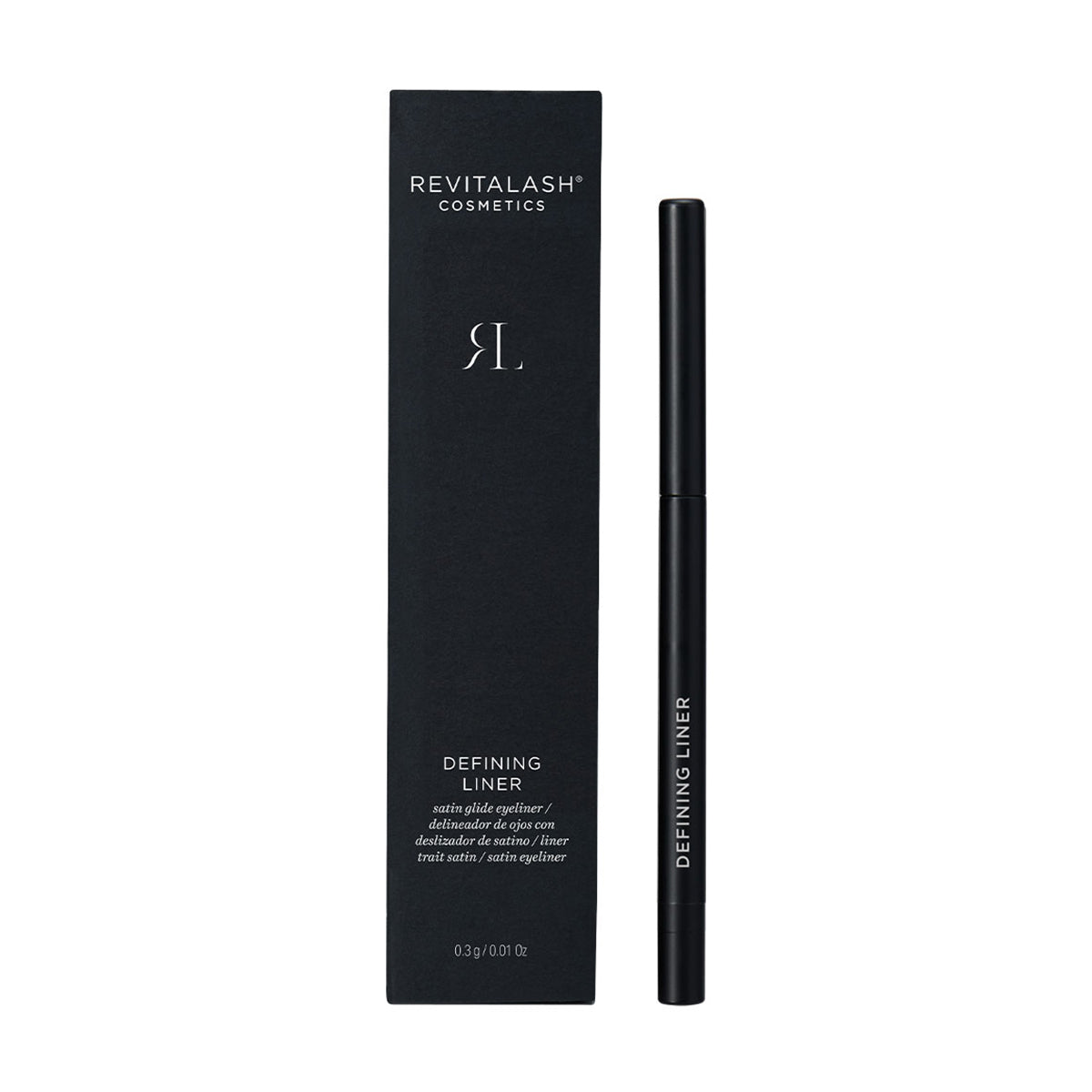 A black box marked RevitaLash with Defining Liner beside a sleek, smudge-proof RevitaLash Defining Liner Eyeliner.