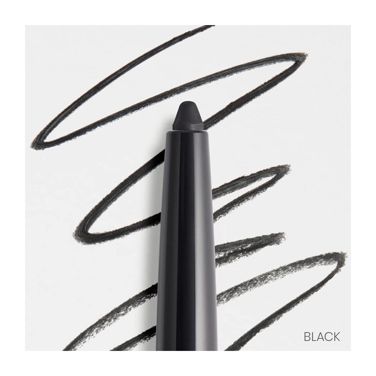 The RevitaLash Defining Liner Eyeliner is shown with its tip exposed, ensuring smudge-proof precision. Curved black lines in the background demonstrate its flawless application, while BLACK in the corner emphasizes its bold impact.