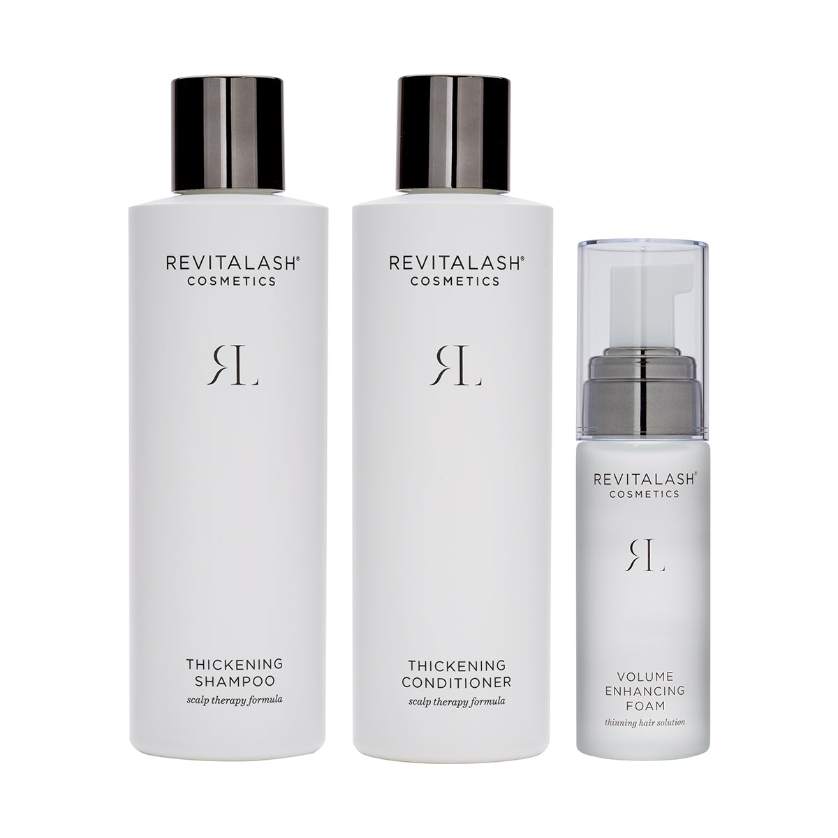 The RevitaLash Volumizing Hair Collection Bundle, featuring Shampoo, Conditioner, and Foam, is designed to boost volume and vitality.