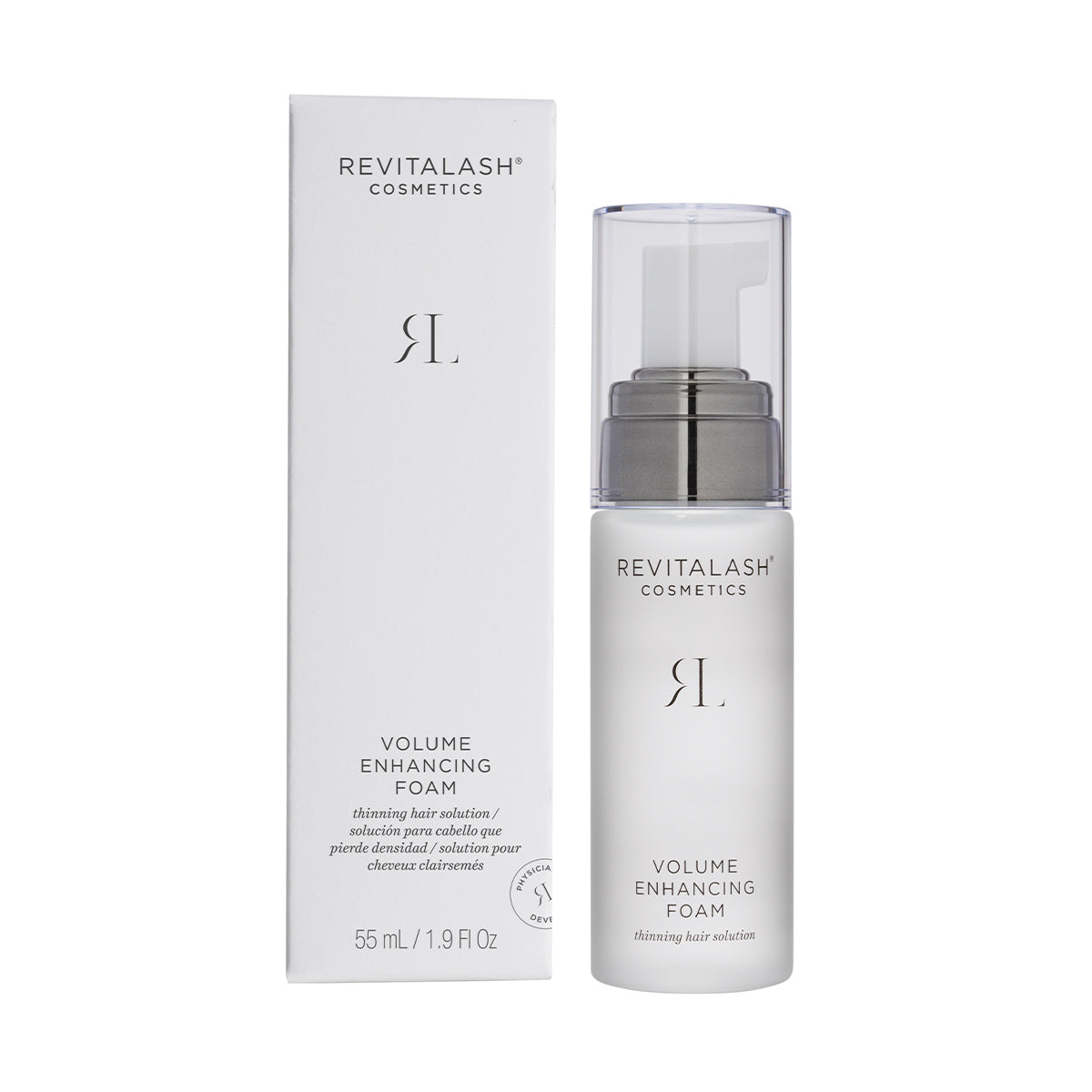 A 55mL white bottle of RevitaLash Volume Enhancing Foam with a clear cap is next to its minimalistic box, featuring the BioPeptin Complex for thinning hair. It promises fuller-looking hair with each application.