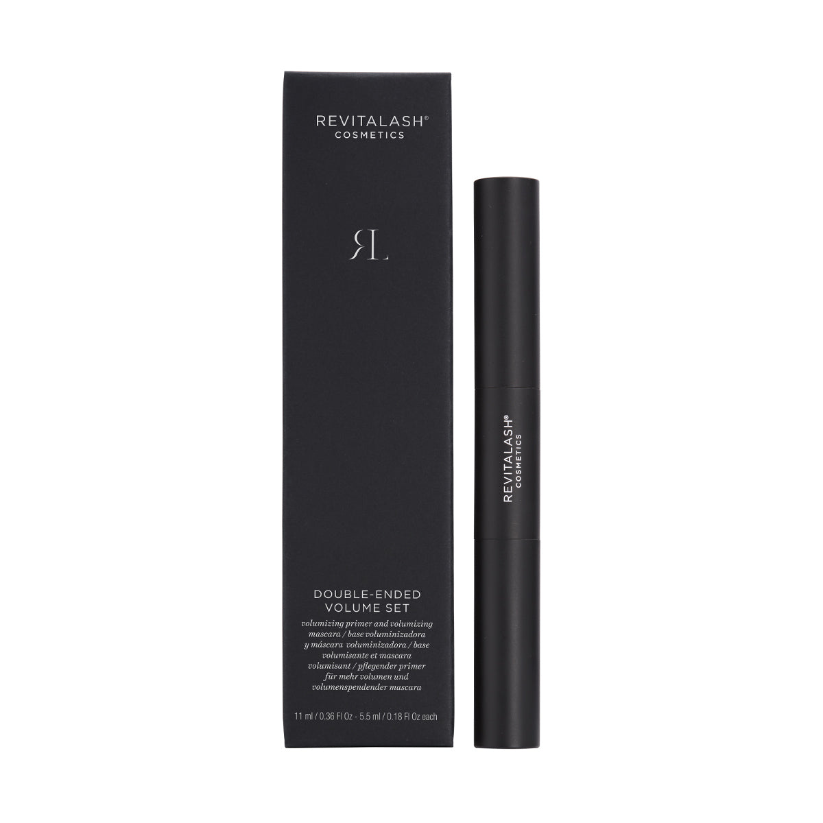 A black RevitaLash Double-Ended 2-in-1 Lash Primer & Mascara Volume Set is displayed beside its matching black box with white text, highlighting the volumizing mascara set.