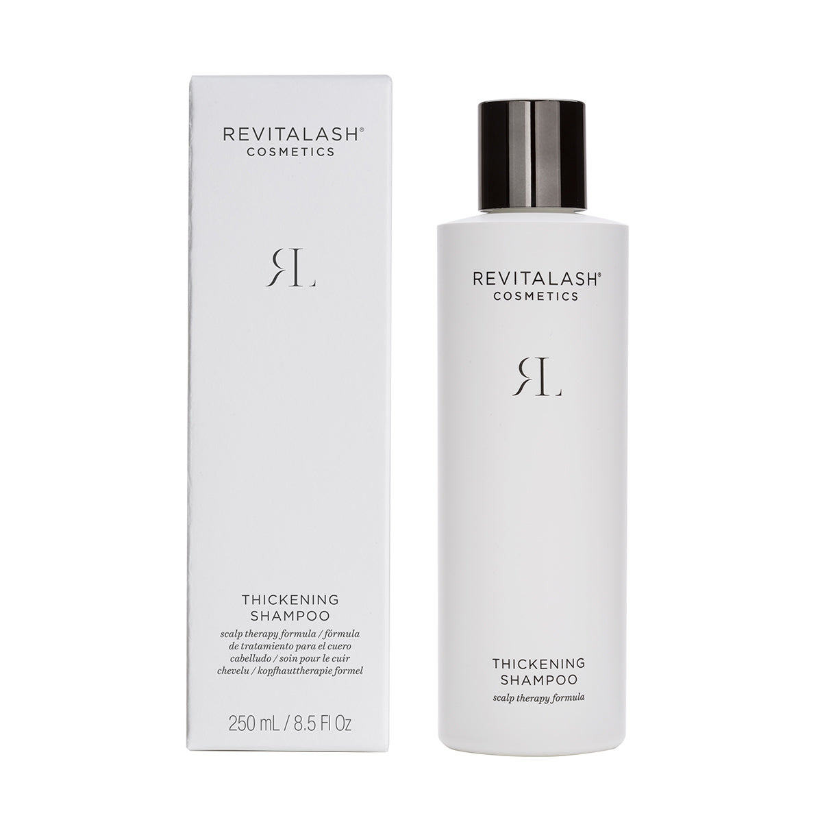 The white 250 mL (8.5 fl oz) RevitaLash Thickening Shampoo bottle, featuring minimalist black text and a sleek black cap, is designed for effective scalp therapy and hair volume enhancement; it pairs with a matching box.