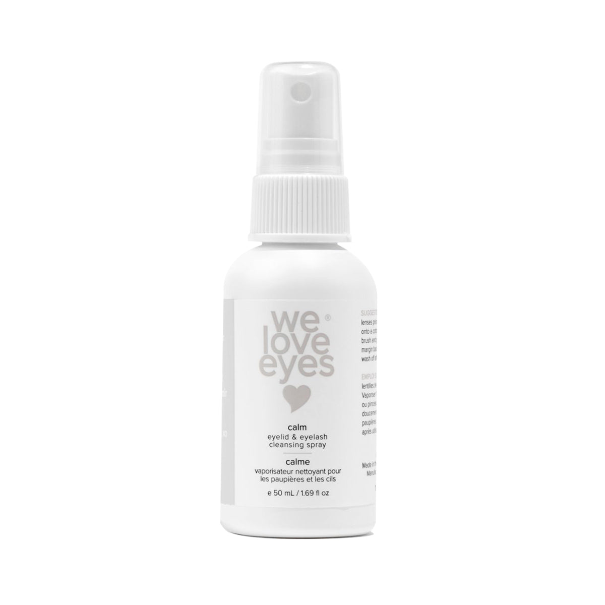 The We Love Eyes Calm Eyelid & Eyelash Cleansing Spray is a 50 mL white spray bottle with a heart icon, offering gentle care with HypoChlorous and chamomile.