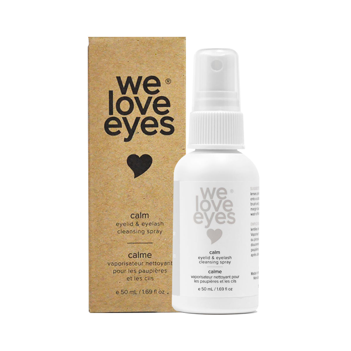 A brown box featuring we love eyes with a heart symbol sits beside a 50mL white spray bottle labeled in English and French as We Love Eyes Calm Eyelid & Eyelash Cleansing Spray with HypoChlorous, enriched with soothing chamomile.