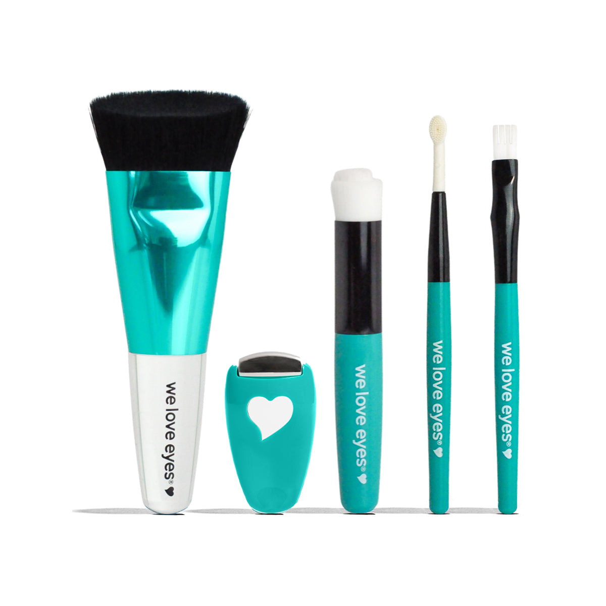 The We Love Eyes Complete Toolkit for Eyelashes includes five teal and white brushes and tools, each labeled we love eyes, designed to promote eyelash follicle health, featuring various brushes and a teal tool with a heart design for optimal eyelid margin care.