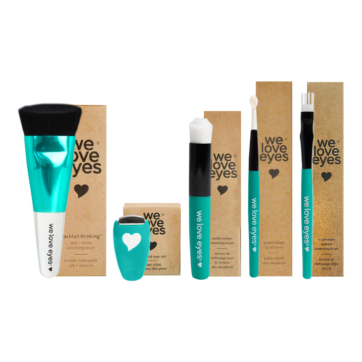 The We Love Eyes Complete Toolkit for Eyelashes includes three boxed eye care items and turquoise and white cleansing brushes, all designed for eyelash follicle health. Each product in this collection features a heart symbol.