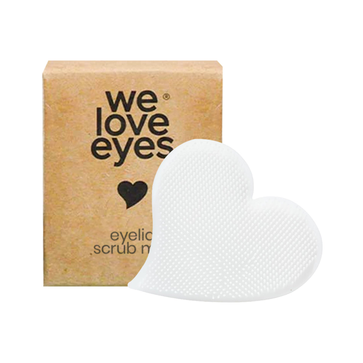 A beige box with We Love Eyes in bold black letters and a black heart below it is beside the textured white We Love Eyes Eyelid Scrub Mitt. Pair it with the We Love Eyes cleanser for a refreshing routine.