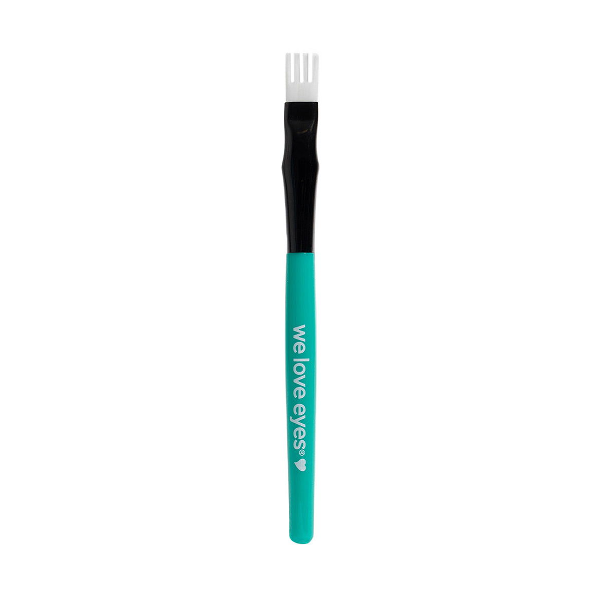 The We Love Eyes In Between Eyelash Cleansing Brush features a teal and black handle with we love eyes printed in white. Its fork-shaped head has short, soft bristles for gentle use on the eyelash margin.