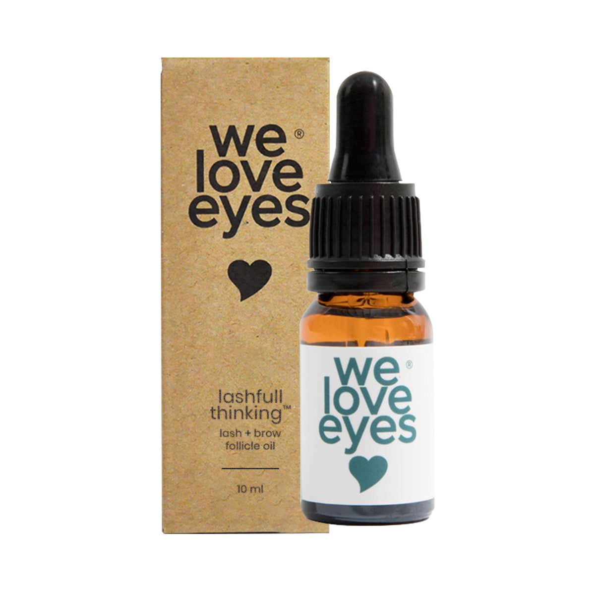 A small brown bottle with a black dropper cap labeled We Love Eyes Lashfull Thinkin Lash + Brow Follicle Oil 10mL is shown beside its matching box, both with a heart icon. Enriched with ophthalmic-grade castor oil, it promotes eyebrow health and eyelash growth.