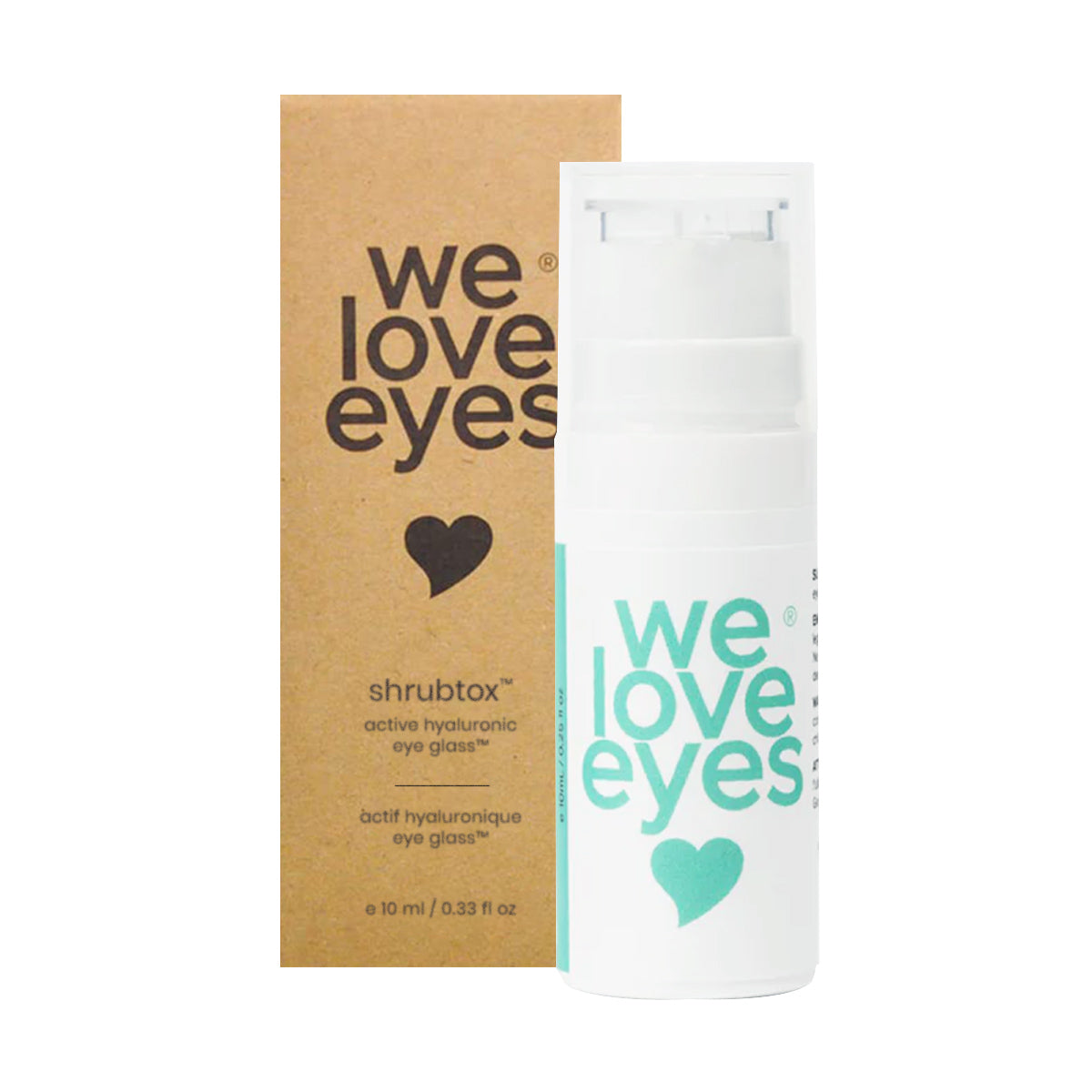 A 10mL We Love Eyes Shrubtox Active Hyaluronic Eye Glass bottle with turquoise text sits next to its brown box. Designed for eyelid skin, it helps reduce fine lines and wrinkles with its rejuvenating formula, offering 0.33 fl oz of care.