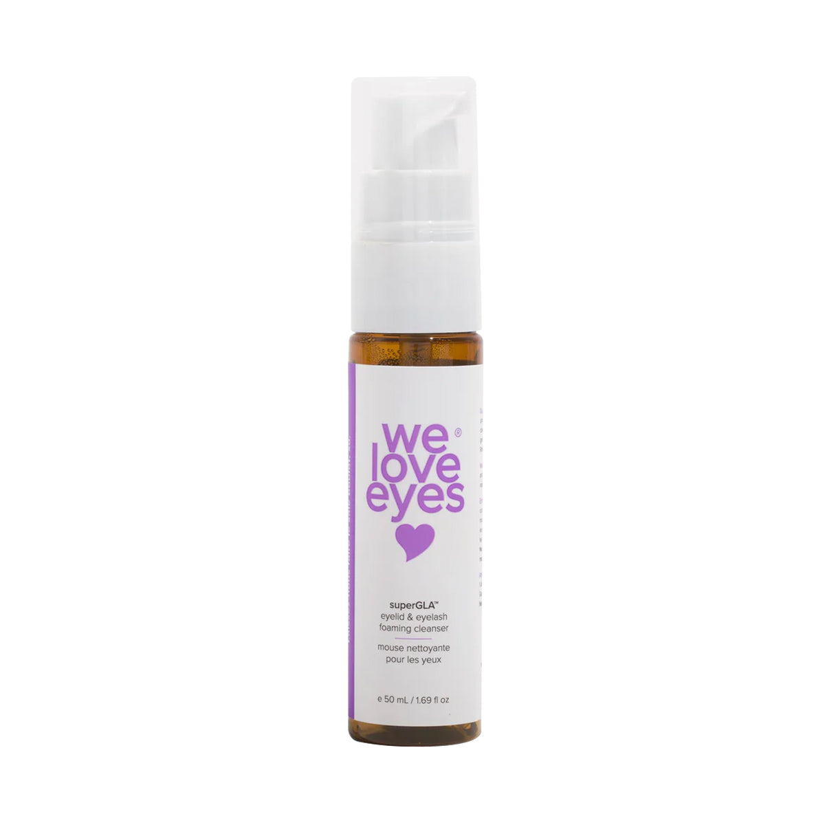 The We Love Eyes SuperGLA eyelid & eyelash foaming cleanser offers non-toxic relief for dry eyes in a 50mL cylindrical container adorned with purple text and a heart icon.