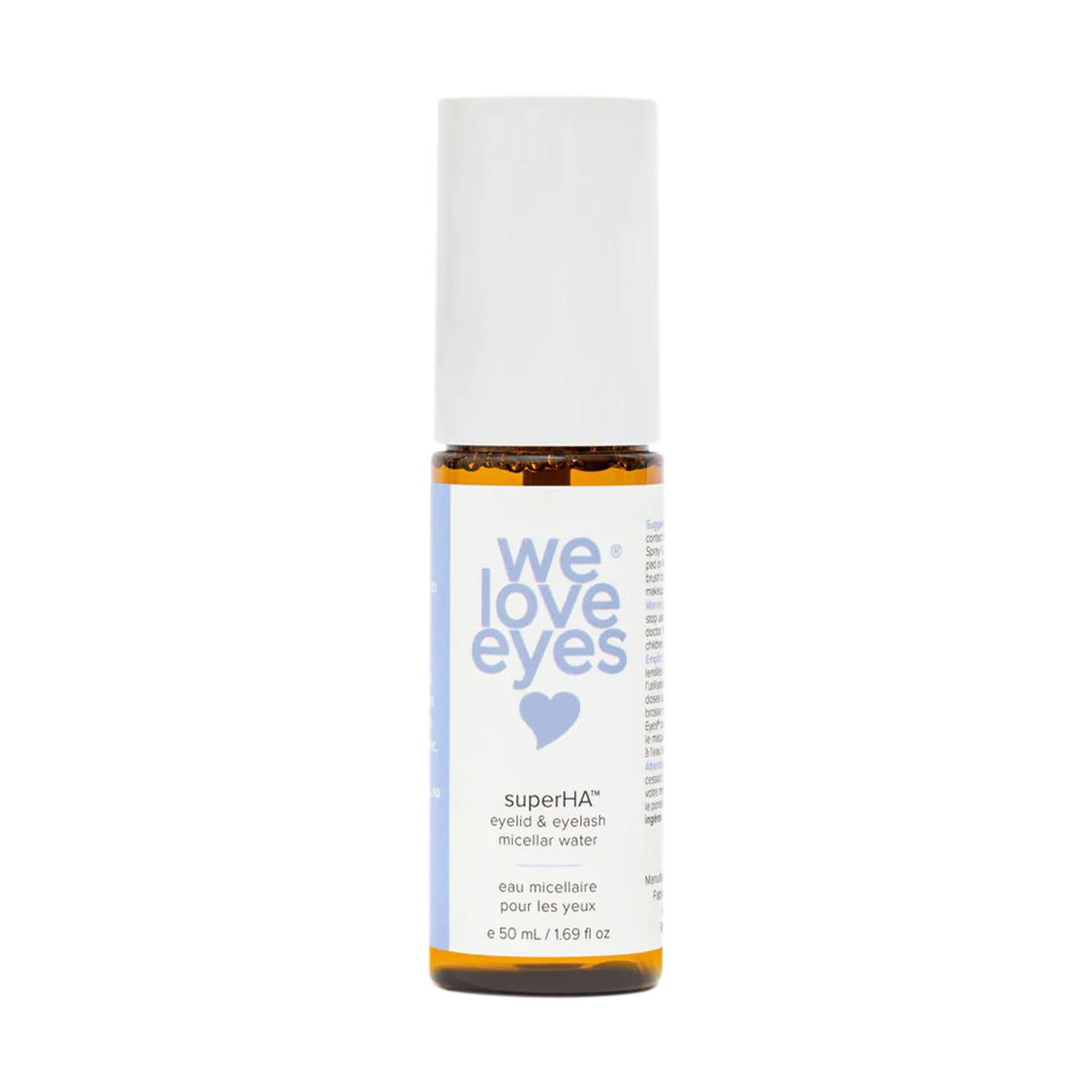 The We Love Eyes superHA Eyelid & Eyelash Micellar Water Make-up Remover (50mL) is a gentle eye makeup remover in a small, mostly white cylindrical bottle with a blue label and heart symbol, featuring a soothing formula with tea tree water to support the eyelid skin barrier.