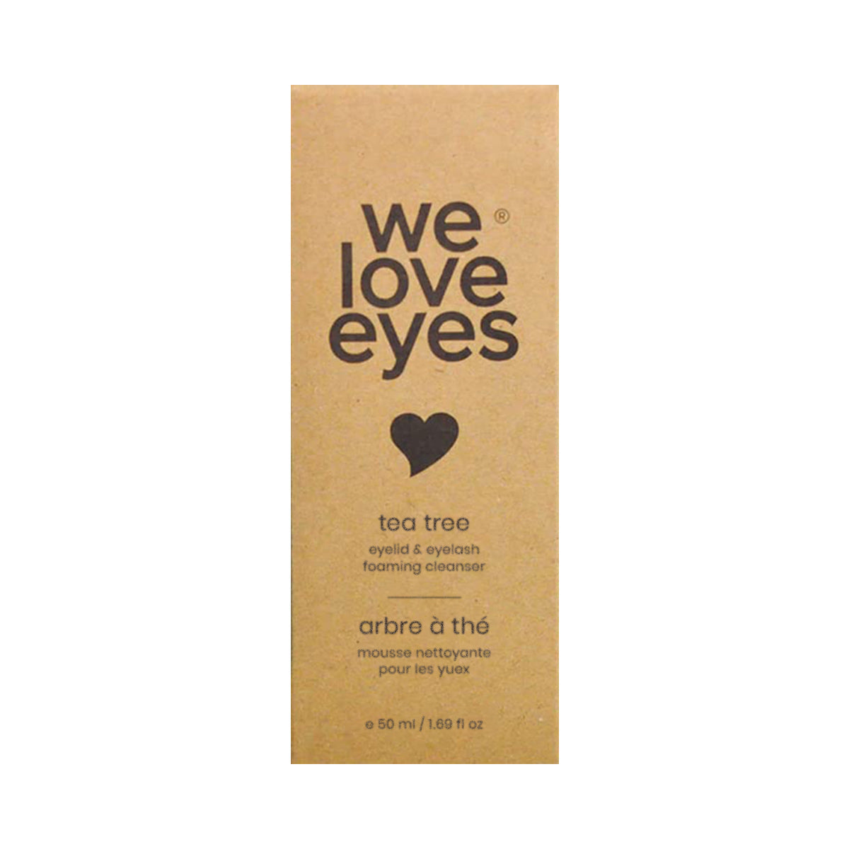 The We Love Eyes Tea Tree Eyelid & Eyelash Foaming Cleanser 25mL Mini Size, with brown packaging featuring English and French text and a black heart design, offers an anti-inflammatory formula for gentle care.