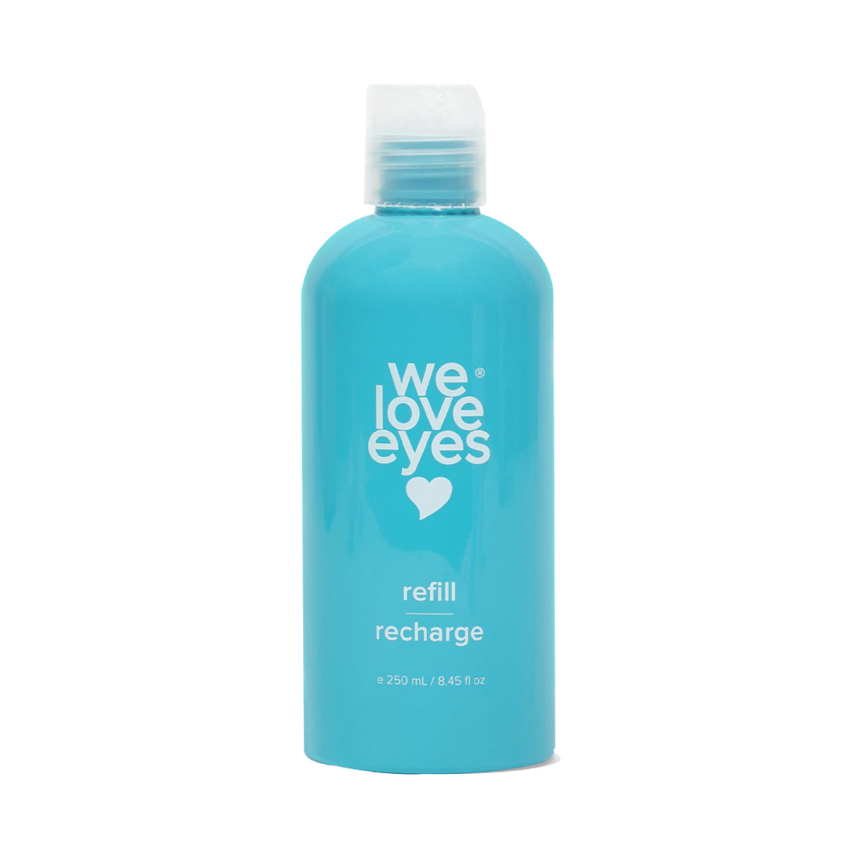 A turquoise-blue 250 mL bottle with a white cap labeled We Love Eyes and a heart icon features the Tea Tree Eyelid Foaming Cleanser Refill, reading refill recharge and made from Post-Consumer Recycled Plastic.