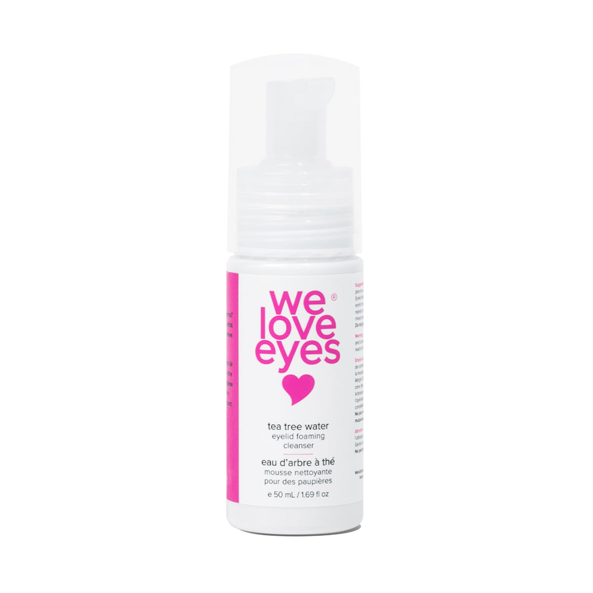 The We Love Eyes Tea Tree Water Eyelid Foaming Cleanser by We Love Eyes is a 50 ml (1.69 fl oz) white bottle featuring a pink heart graphic and text. It includes a white pump dispenser for pH-balanced cleansing spray, providing gentle care.