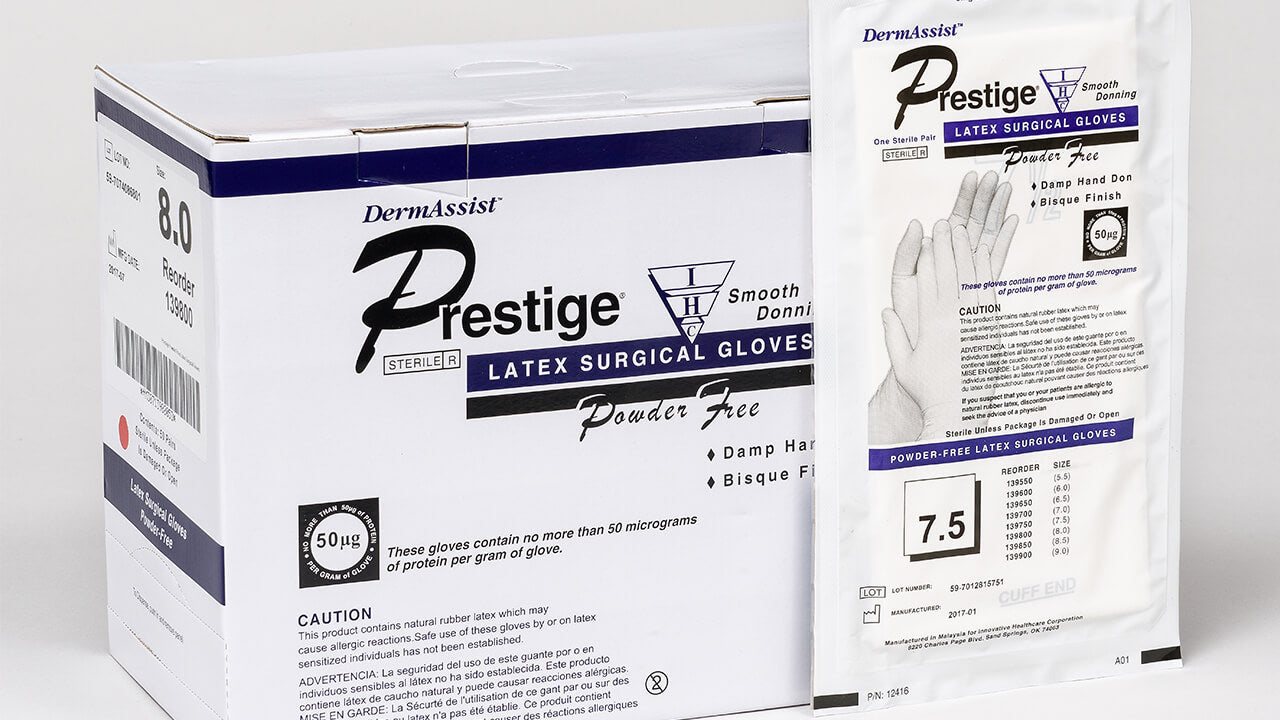 Sterile Surgical Gloves, Powder Free, Latex, Damp Hand Don (DHD), Bisque finish, Size 6 1/2, 50pr/box - Innovative Healthcare