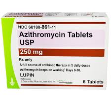 The image shows a box of Azythromycin 250mg Tablets by MedPharma USA, containing 6 tablets for a 5-day antibiotic therapy, which remains effective on days 6-10.