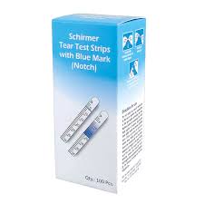 A blue and white box labeled Schirmer Tear Test Strips, with Blue Mark, 100/Box from MedPharma USA features 100 strips. The front displays an image of the strips, while the side includes informative text and small diagrams.