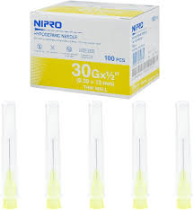 A box of MedPharma USA Needles, Disposable - 30G x 1/2 inch, 100/Box with five light yellow-capped needles upright displays a clean white and yellow design, highlighting the quality.