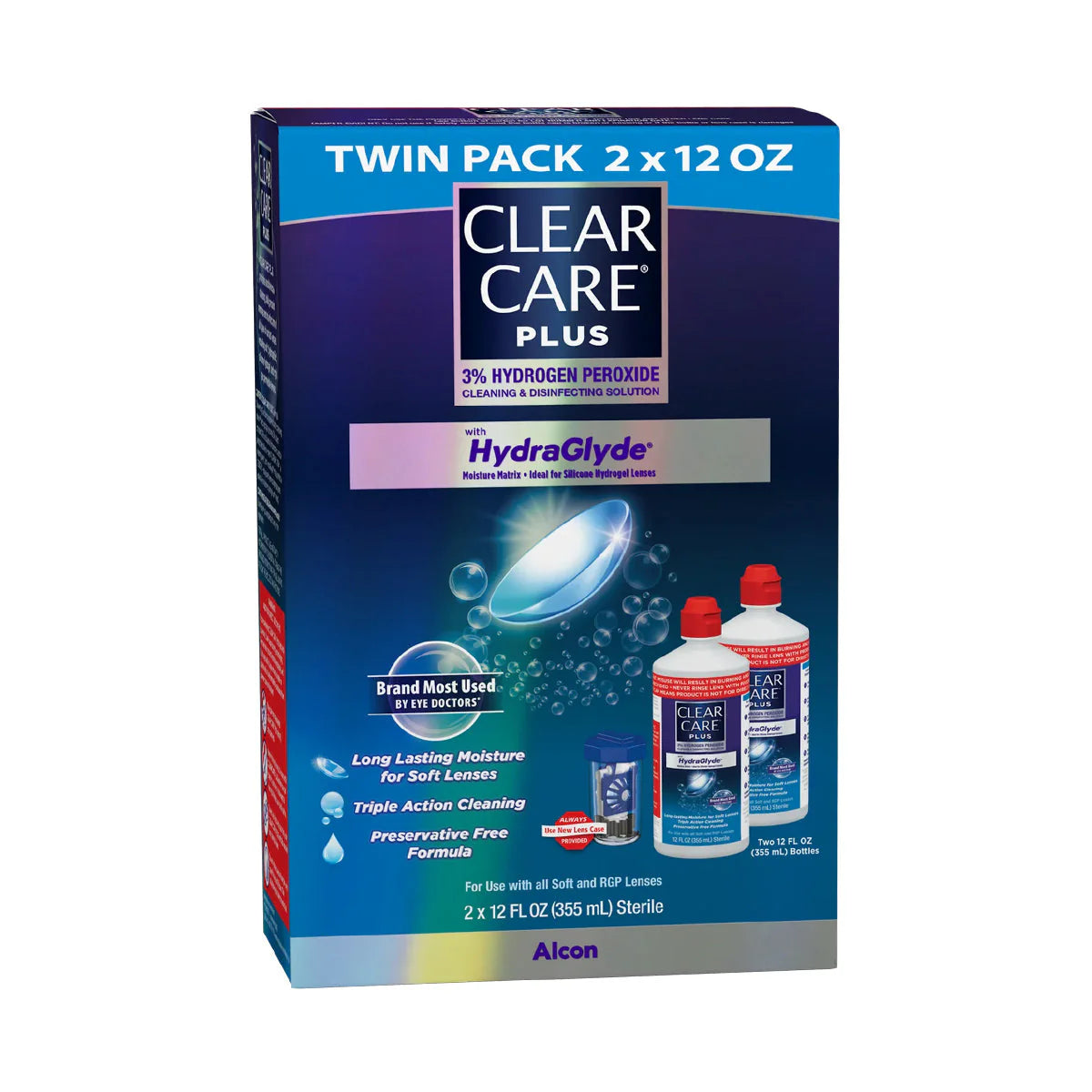 Clear Care Triple Action Cleaning and Disinfecting Solution with Case, Twin Pack, 12 Oz, Pack of 2