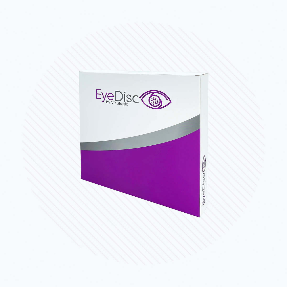 The purple and white box, labeled Eye Disc Amniotic Dehydrated, Bi-directional, Membrane by Visulogix, features an eye logo that implies advanced solutions for severe dry eye. Subtle diagonal lines in the background add elegance to this innovative Visulogix product.