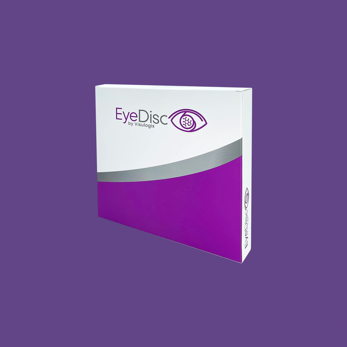 A stylish box features a white top, purple bottom, and silver stripe with the Eye Disc Amniotic Dehydrated logo by Visulogix. Known for severe dry eye relief, it elegantly rests against a purple background.