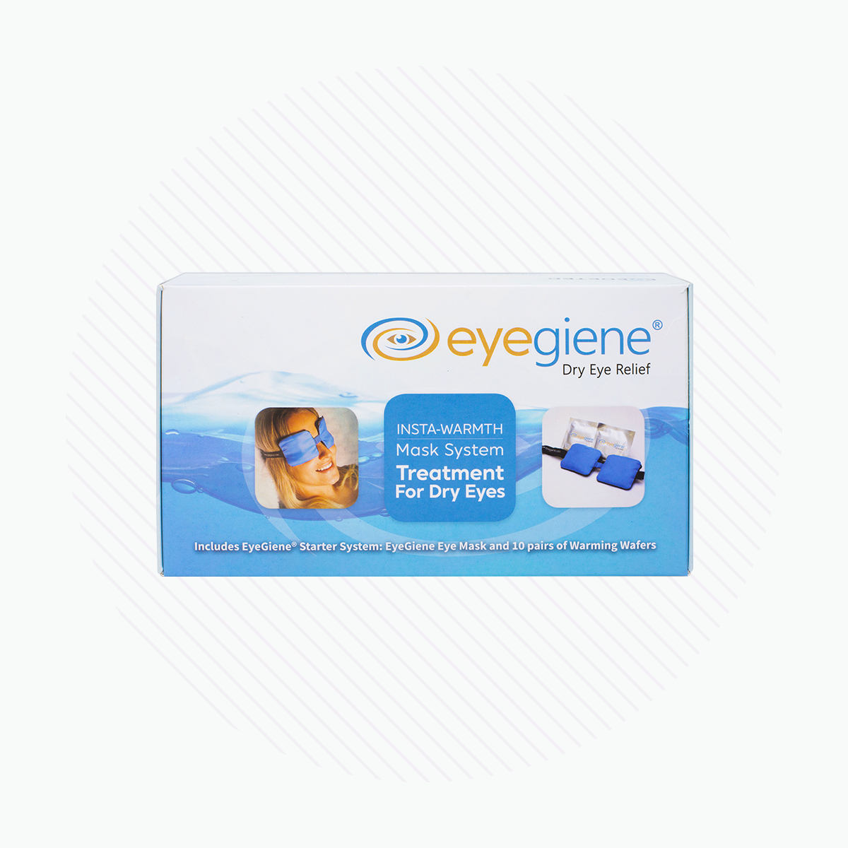 The packaging of the EyeGiene Starter System, featuring an image of the mask and a person using it, highlights benefits like instant heating for soothing dry eye relief from strain. Includes one eye mask and ten pairs of warming inserts from the Eyegiene brand.